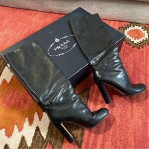 Prada Made in Italy Black Leather Knee-High Boots Size 39 Heeled